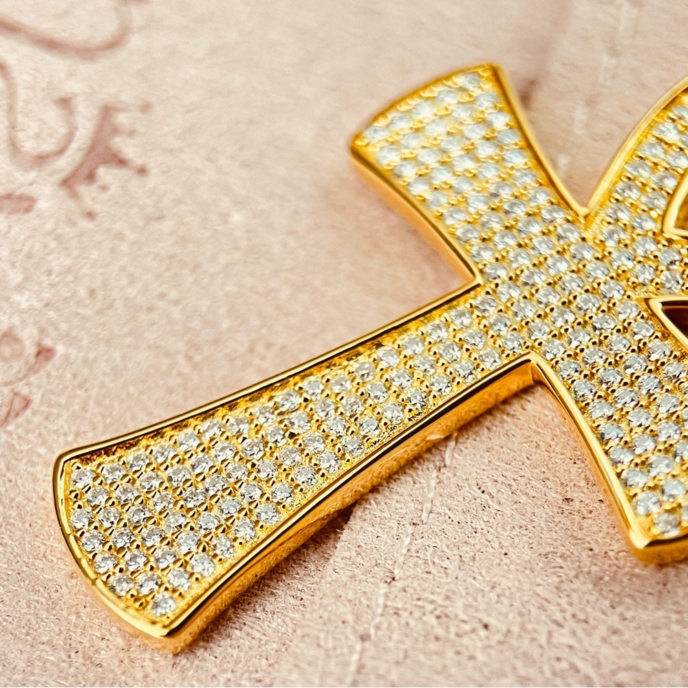 S925 Moissanite Ankh Cross Necklace Pendant (No Chain) 18k Yellow Gold Plate - Picture 3 of 8